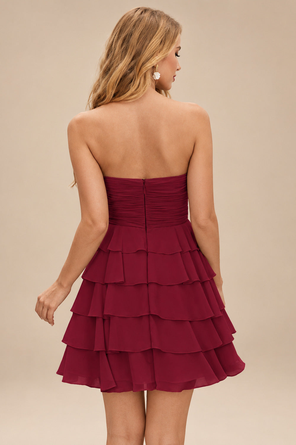 Rutipo Burgundy A-line Ruched Strapless Chiffon Ruffled Homecoming Dress with Bow
