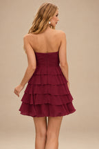 Rutipo Burgundy A-line Ruched Strapless Chiffon Ruffled Homecoming Dress with Bow
