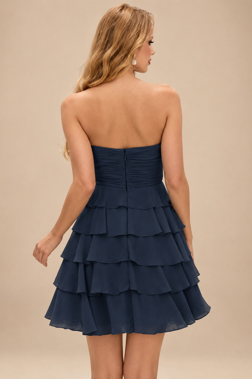Rutipo Dark Navy A-line Ruched Strapless Chiffon Ruffled Homecoming Dress with Bow