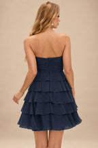 Rutipo Dark Navy A-line Ruched Strapless Chiffon Ruffled Homecoming Dress with Bow