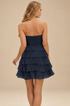 Rutipo Dark Navy A-line Ruched Strapless Chiffon Ruffled Homecoming Dress with Bow