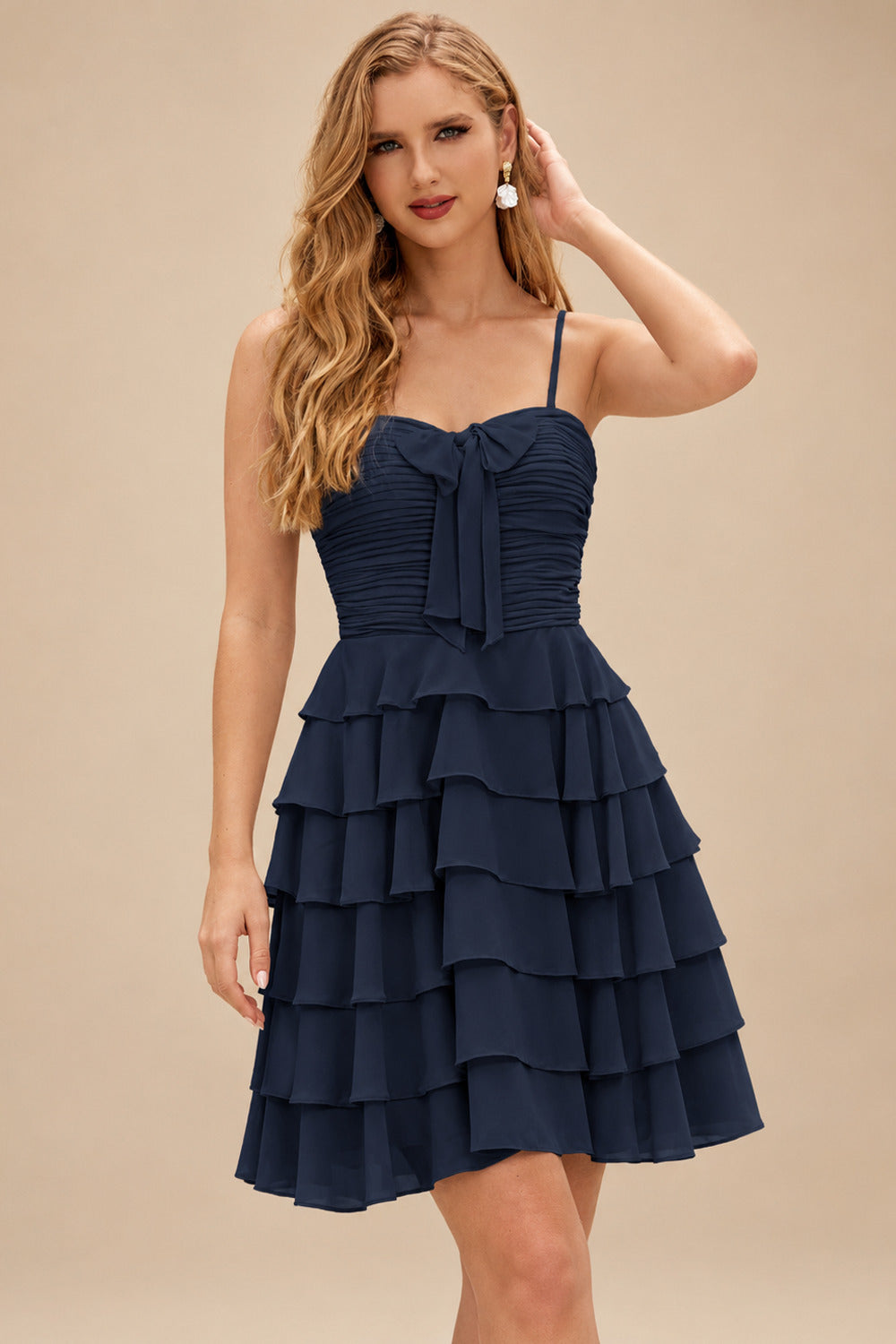 Rutipo Dark Navy A-line Ruched Strapless Chiffon Ruffled Homecoming Dress with Bow