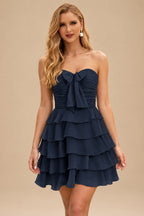 Rutipo Dark Navy A-line Ruched Strapless Chiffon Ruffled Homecoming Dress with Bow