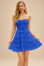 Rutipo Ocean Blue A-line Ruched Strapless Chiffon Ruffled Homecoming Dress with Bow