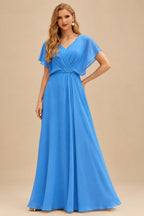 Rutipo Ocean Blue A-line Ruched Strapless Chiffon Ruffled Homecoming Dress with Bow