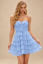 Rutipo Sky Blue A-line Ruched Strapless Chiffon Ruffled Homecoming Dress with Bow