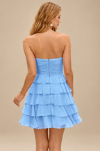 Rutipo Sky Blue A-line Ruched Strapless Chiffon Ruffled Homecoming Dress with Bow