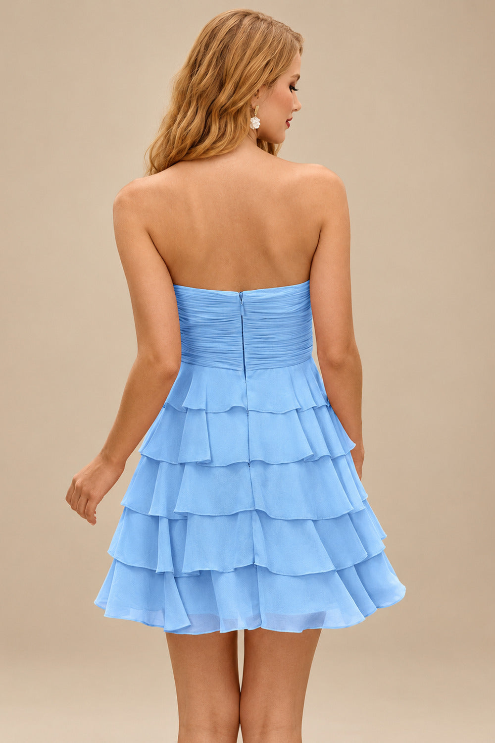 Rutipo Sky Blue A-line Ruched Strapless Chiffon Ruffled Homecoming Dress with Bow