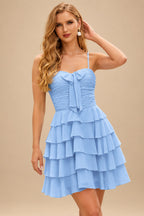 Rutipo Sky Blue A-line Ruched Strapless Chiffon Ruffled Homecoming Dress with Bow