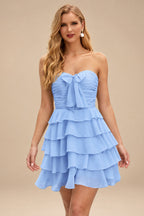Rutipo Sky Blue A-line Ruched Strapless Chiffon Ruffled Homecoming Dress with Bow