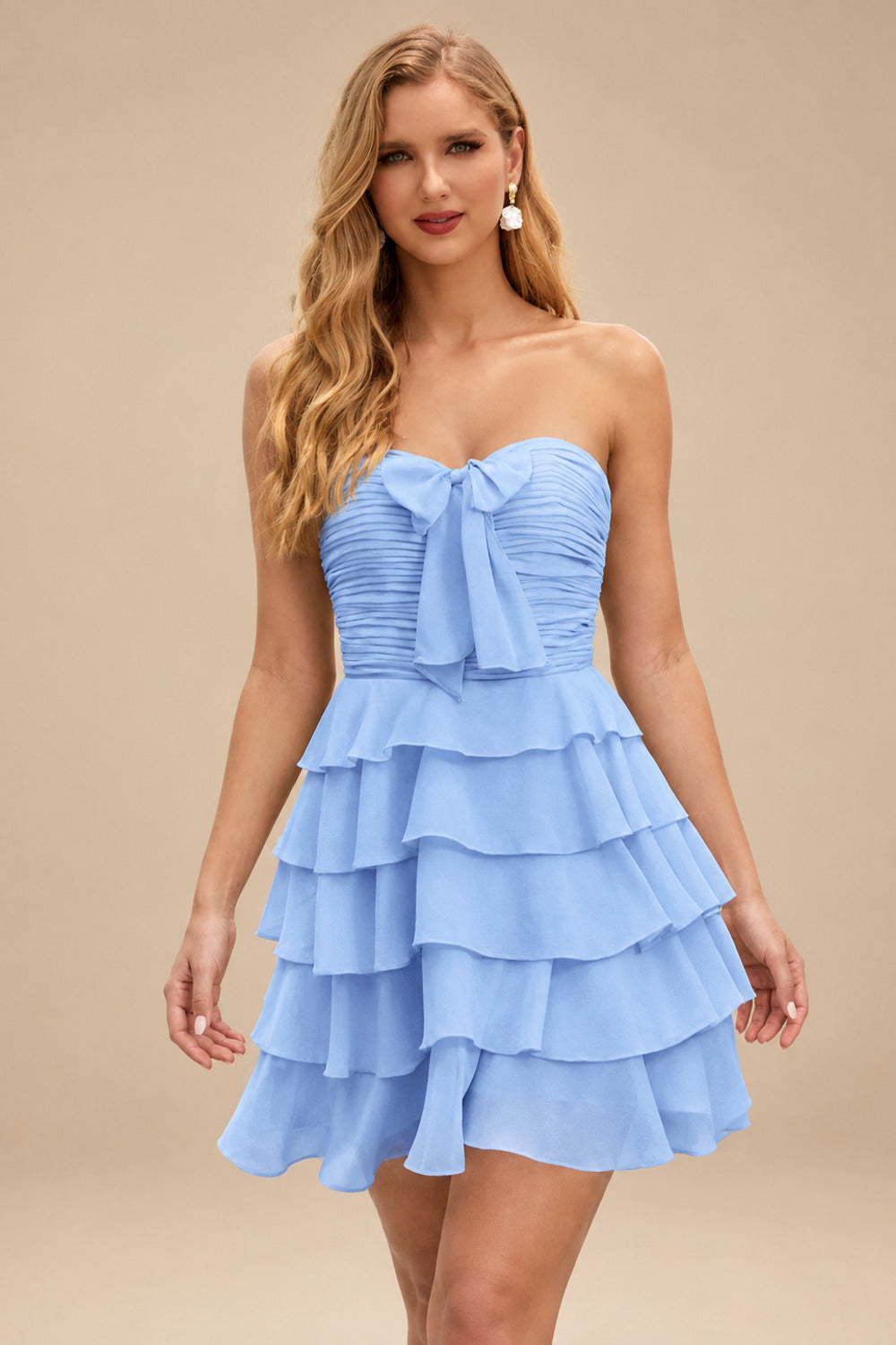 Rutipo Sky Blue A-line Ruched Strapless Chiffon Ruffled Homecoming Dress with Bow