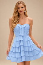 Rutipo Sky Blue A-line Ruched Strapless Chiffon Ruffled Homecoming Dress with Bow