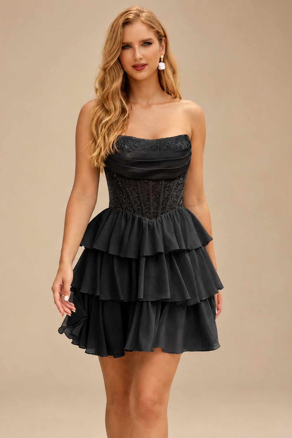 Rutipo Black A-line Strapless Tiered Ruffle Homecoming Dress with Beaded Ruching Corset