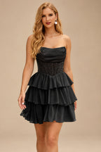 Rutipo Black A-line Strapless Tiered Ruffle Homecoming Dress with Beaded Ruching Corset