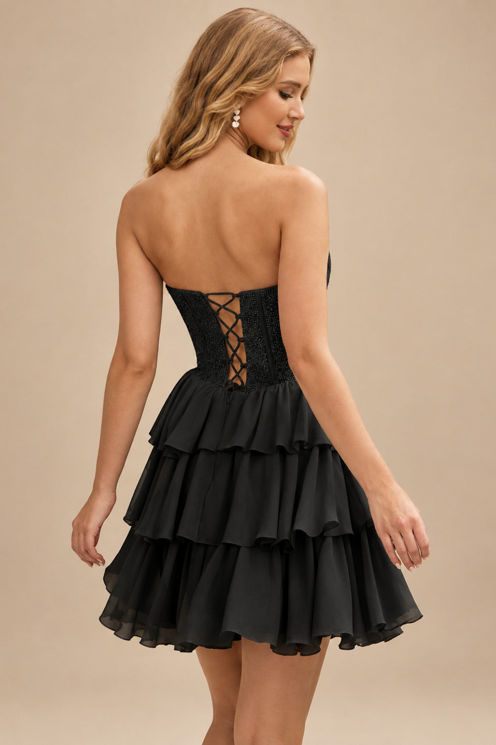 Rutipo Black A-line Strapless Tiered Ruffle Homecoming Dress with Beaded Ruching Corset