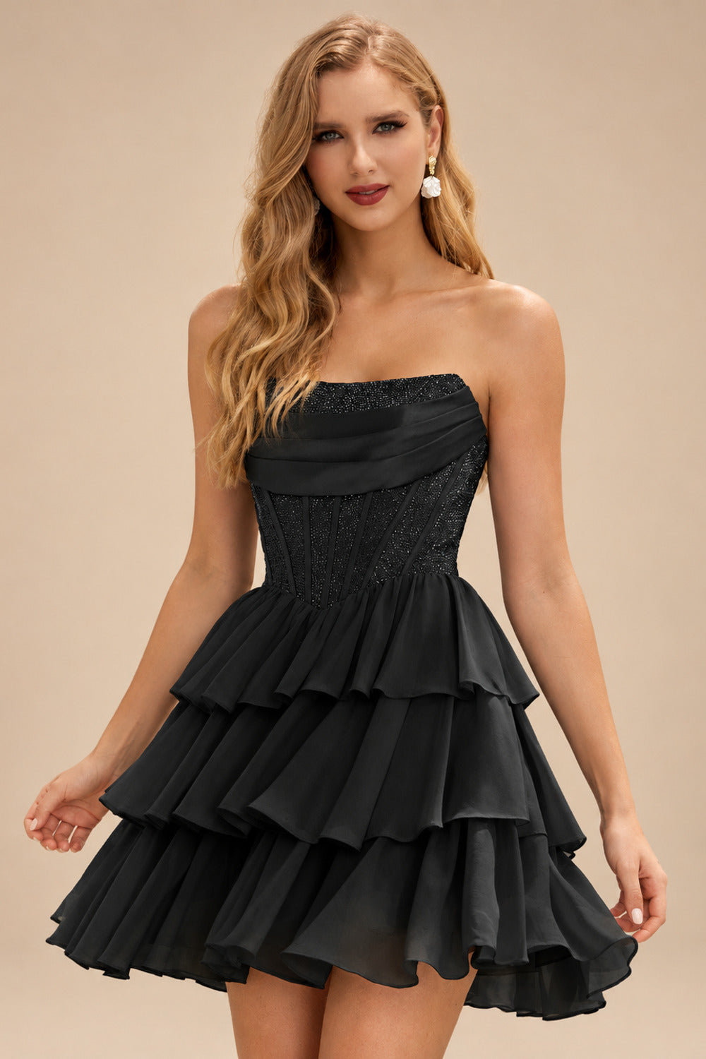 Rutipo Black A-line Strapless Tiered Ruffle Homecoming Dress with Beaded Ruching Corset