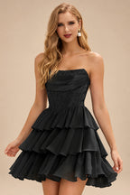 Rutipo Black A-line Strapless Tiered Ruffle Homecoming Dress with Beaded Ruching Corset