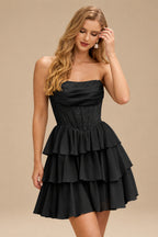 Rutipo Black A-line Strapless Tiered Ruffle Homecoming Dress with Beaded Ruching Corset