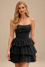 Rutipo Black A-line Strapless Tiered Ruffle Homecoming Dress with Beaded Ruching Corset