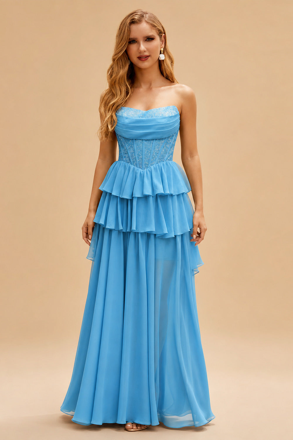 Rutipo Blue A-line Strapless Tiered Ruffle Homecoming Dress with Beaded Ruching Corset