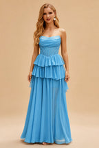 Rutipo Blue A-line Strapless Tiered Ruffle Homecoming Dress with Beaded Ruching Corset