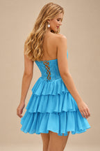 Rutipo Blue A-line Strapless Tiered Ruffle Homecoming Dress with Beaded Ruching Corset