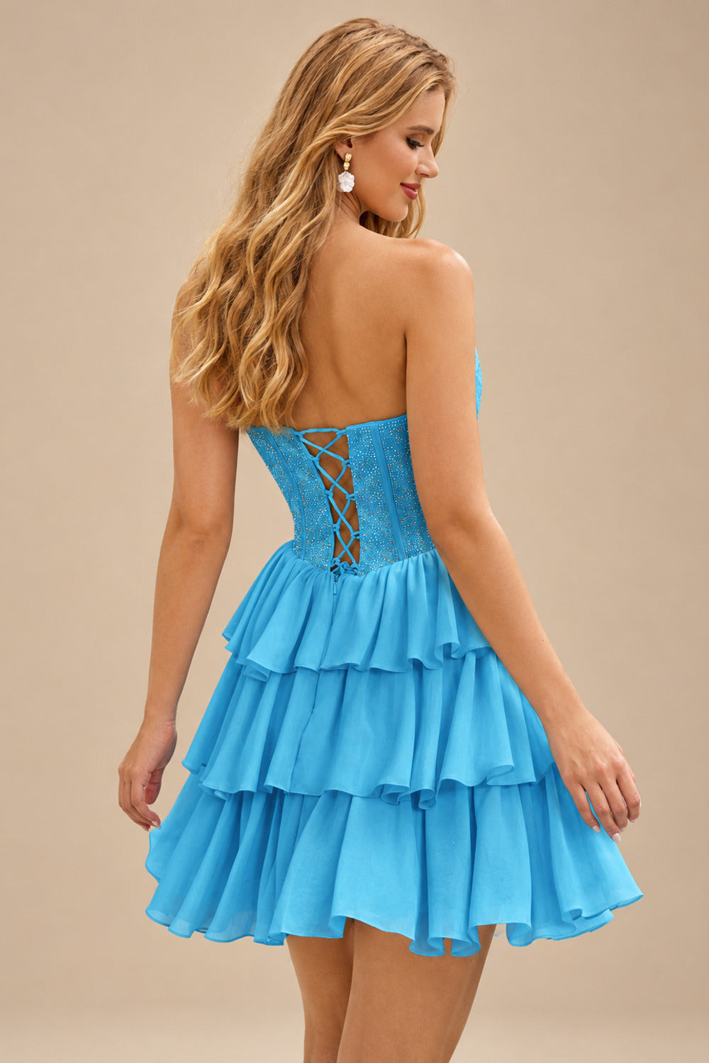 Rutipo Blue A-line Strapless Tiered Ruffle Homecoming Dress with Beaded Ruching Corset