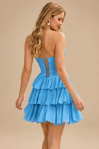 Rutipo Blue A-line Strapless Tiered Ruffle Homecoming Dress with Beaded Ruching Corset