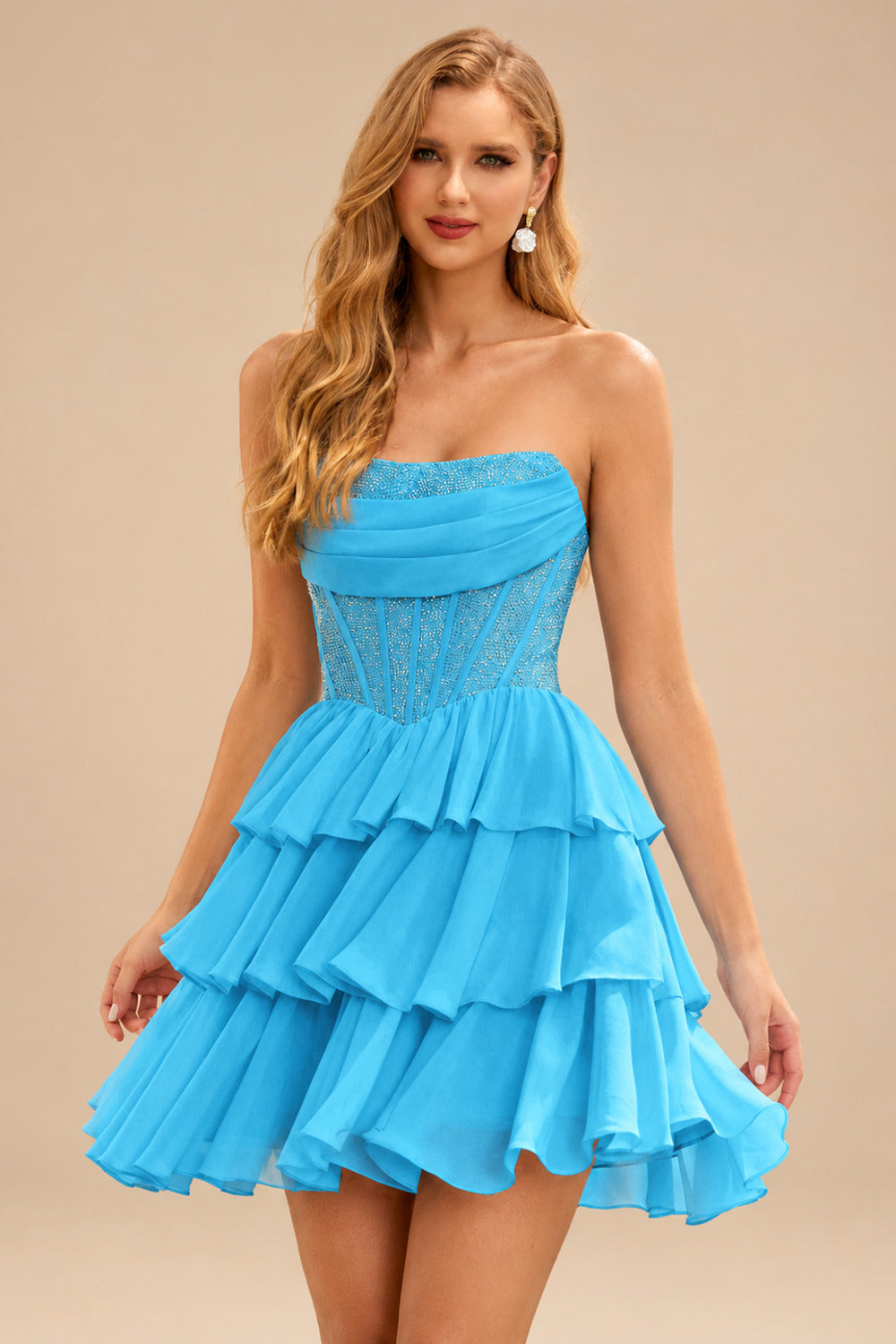 Rutipo Blue A-line Strapless Tiered Ruffle Homecoming Dress with Beaded Ruching Corset
