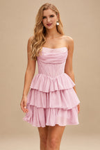 Rutipo Blushing Pink A-line Strapless Tiered Ruffle Homecoming Dress with Beaded Ruching Corset
