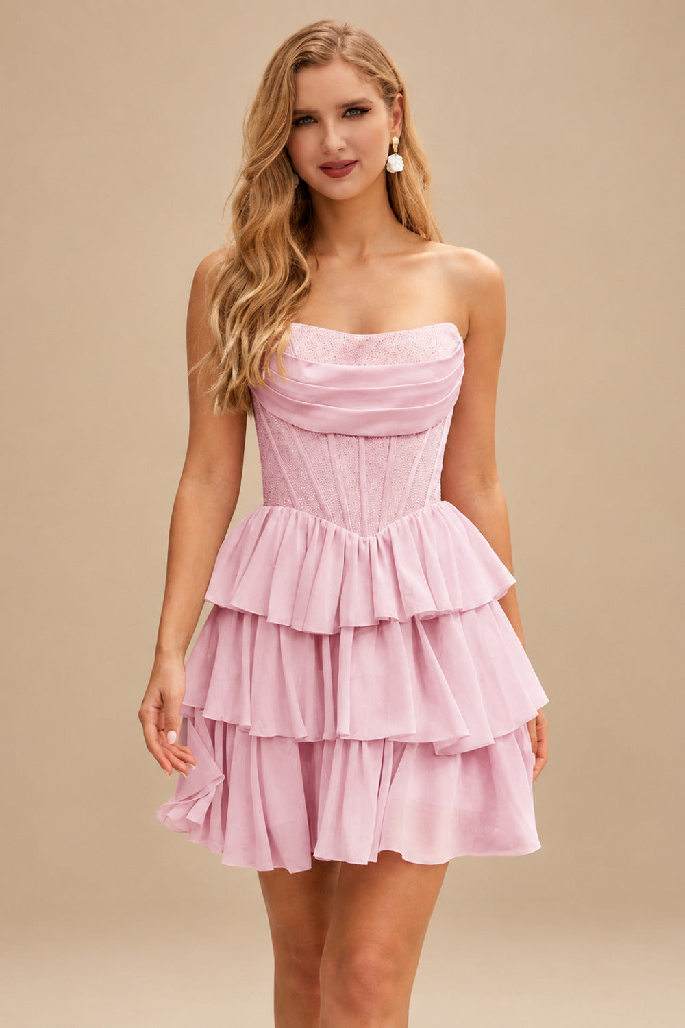 Rutipo Blushing Pink A-line Strapless Tiered Ruffle Homecoming Dress with Beaded Ruching Corset