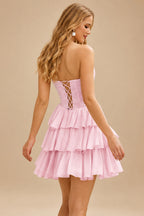 Rutipo Blushing Pink A-line Strapless Tiered Ruffle Homecoming Dress with Beaded Ruching Corset