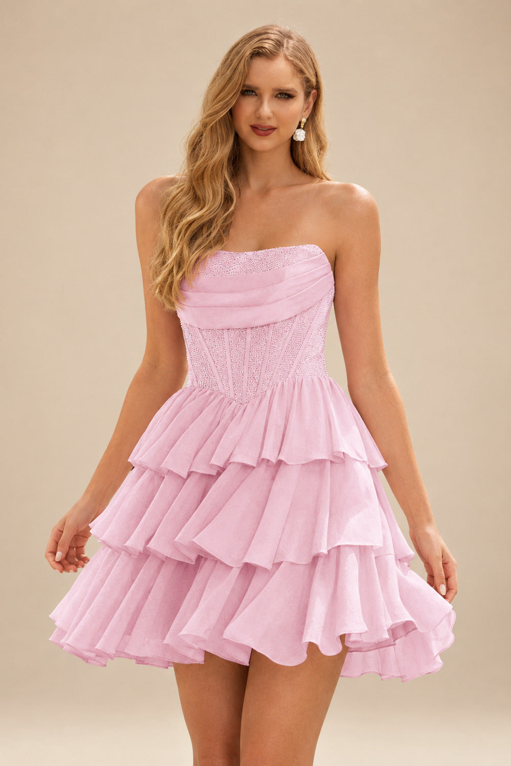 Rutipo Blushing Pink A-line Strapless Tiered Ruffle Homecoming Dress with Beaded Ruching Corset