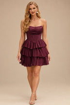Rutipo Cabernet A-line Strapless Tiered Ruffle Homecoming Dress with Beaded Ruching Corset