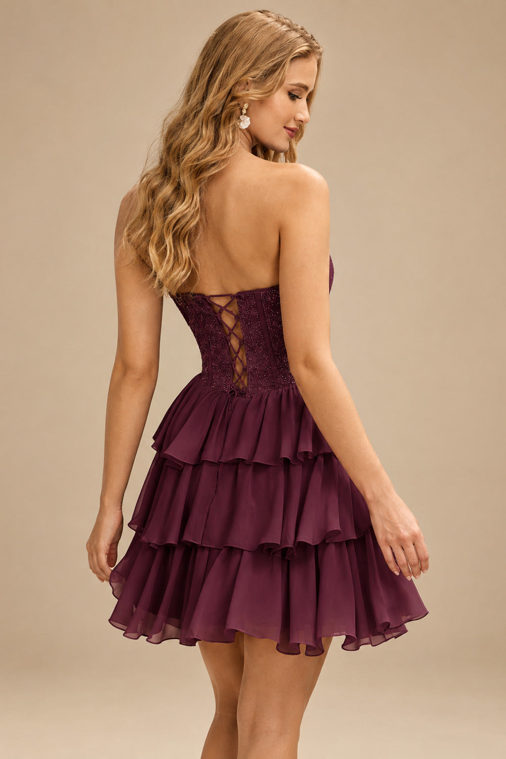 Rutipo Cabernet A-line Strapless Tiered Ruffle Homecoming Dress with Beaded Ruching Corset