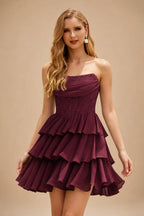 Rutipo Cabernet A-line Strapless Tiered Ruffle Homecoming Dress with Beaded Ruching Corset