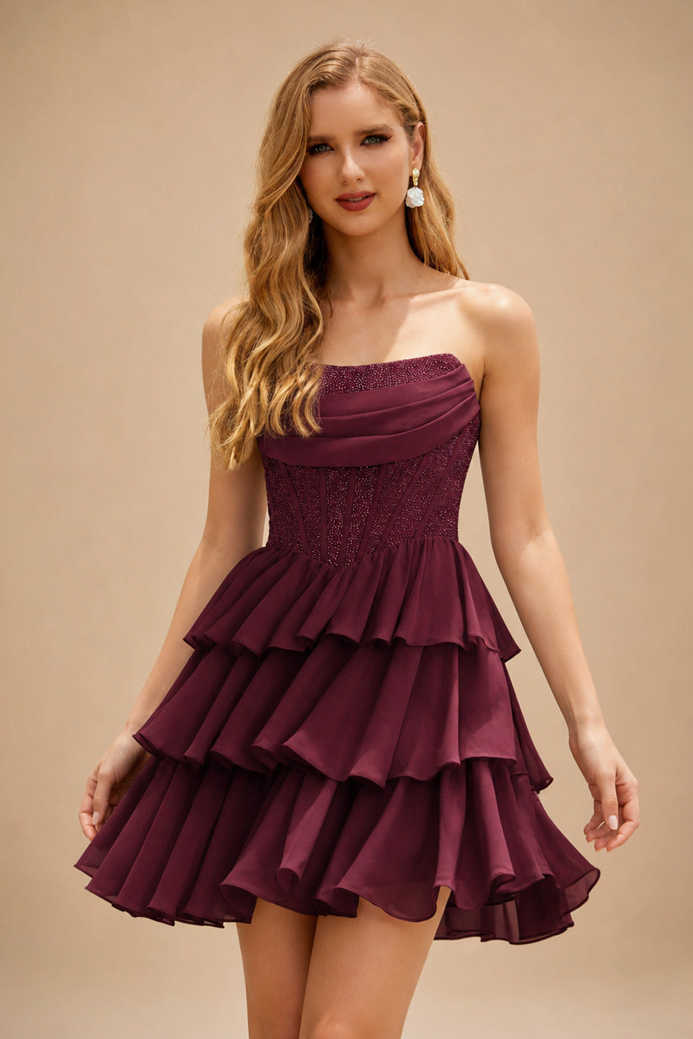 Rutipo Cabernet A-line Strapless Tiered Ruffle Homecoming Dress with Beaded Ruching Corset