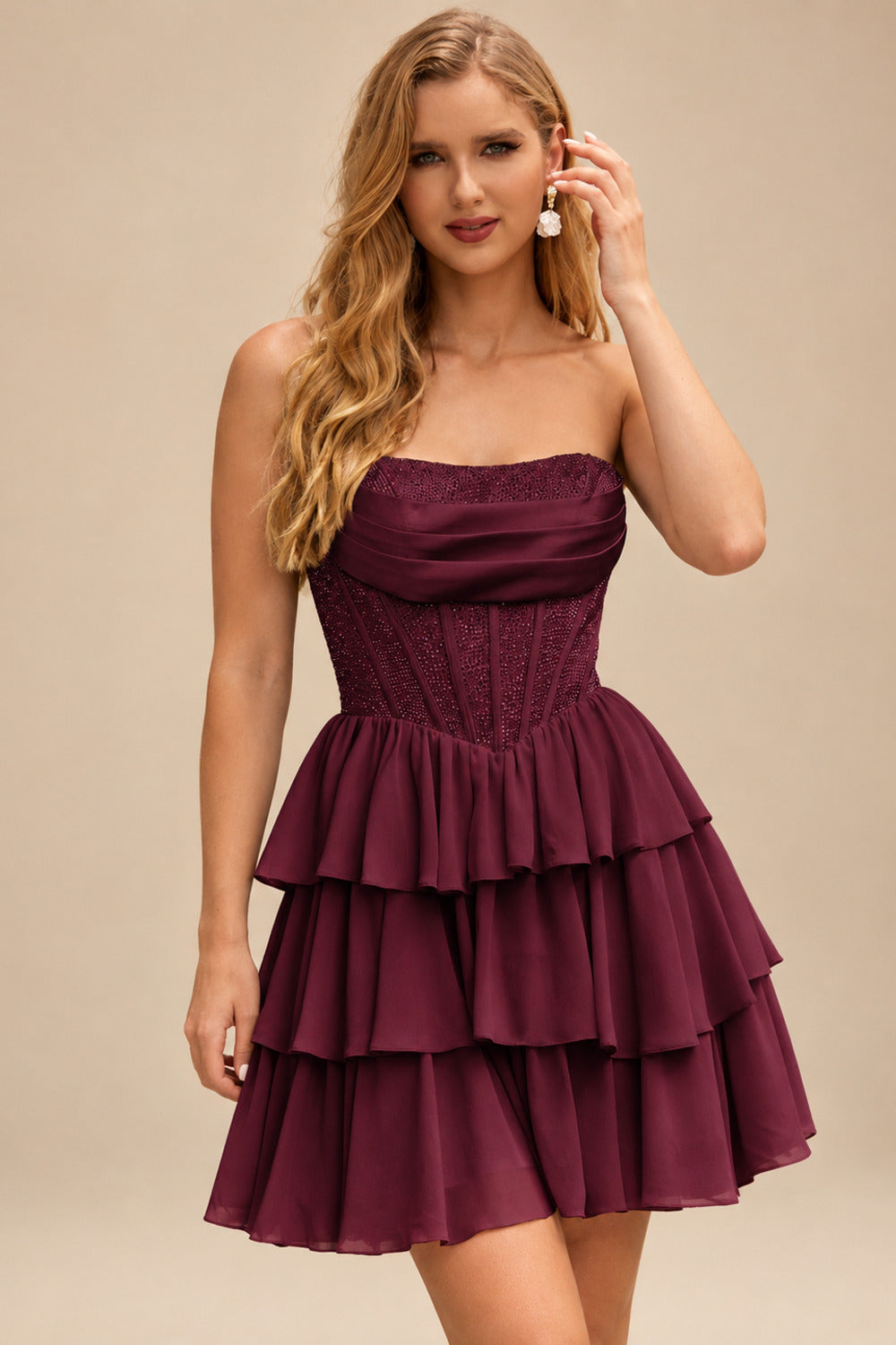 Rutipo Cabernet A-line Strapless Tiered Ruffle Homecoming Dress with Beaded Ruching Corset