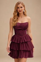 Rutipo Cabernet A-line Strapless Tiered Ruffle Homecoming Dress with Beaded Ruching Corset
