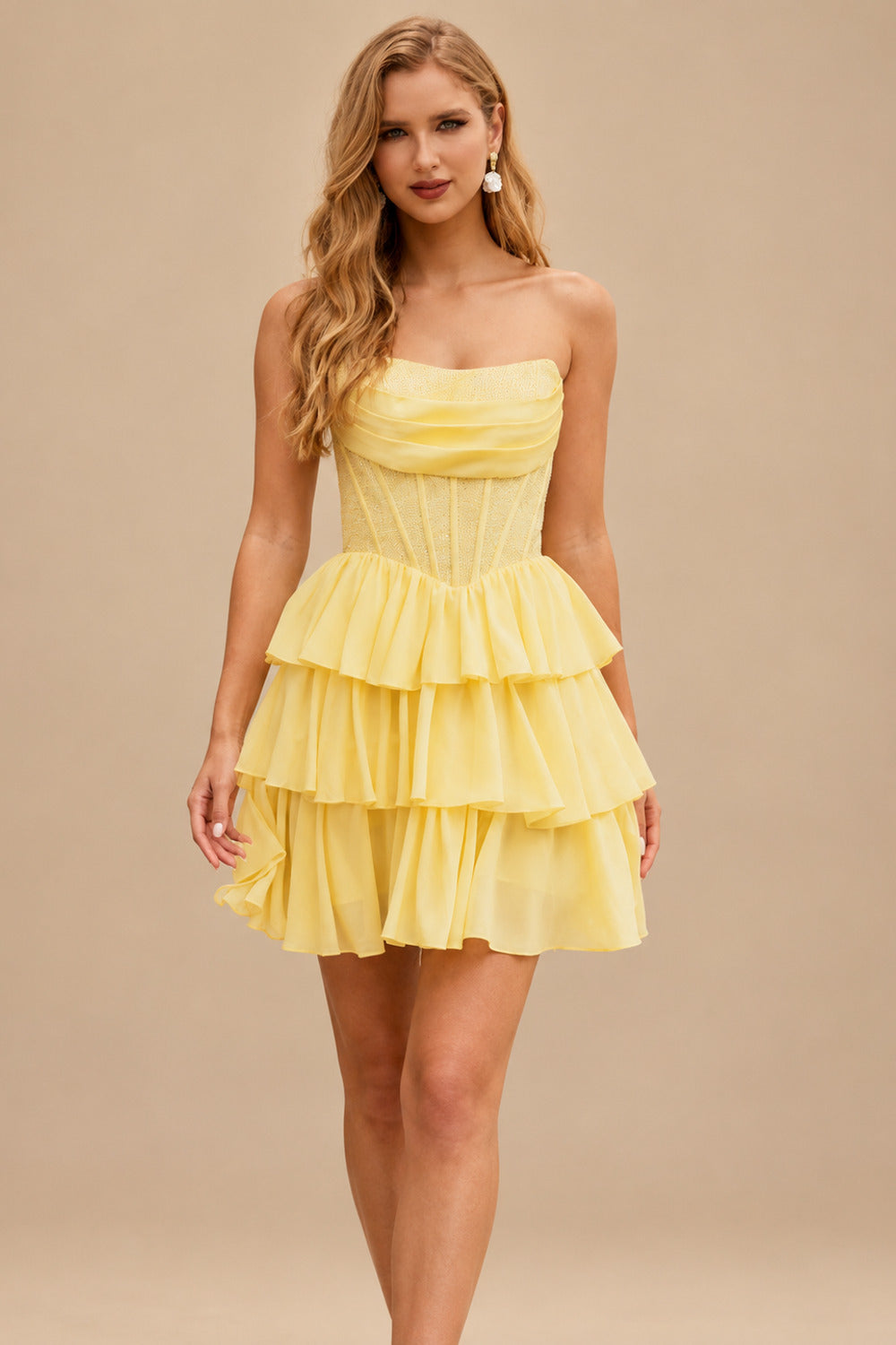 Rutipo Daffodil A-line Strapless Tiered Ruffle Homecoming Dress with Beaded Ruching Corset
