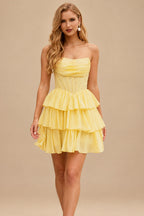 Rutipo Daffodil A-line Strapless Tiered Ruffle Homecoming Dress with Beaded Ruching Corset