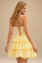 Rutipo Daffodil A-line Strapless Tiered Ruffle Homecoming Dress with Beaded Ruching Corset