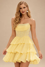 Rutipo Daffodil A-line Strapless Tiered Ruffle Homecoming Dress with Beaded Ruching Corset