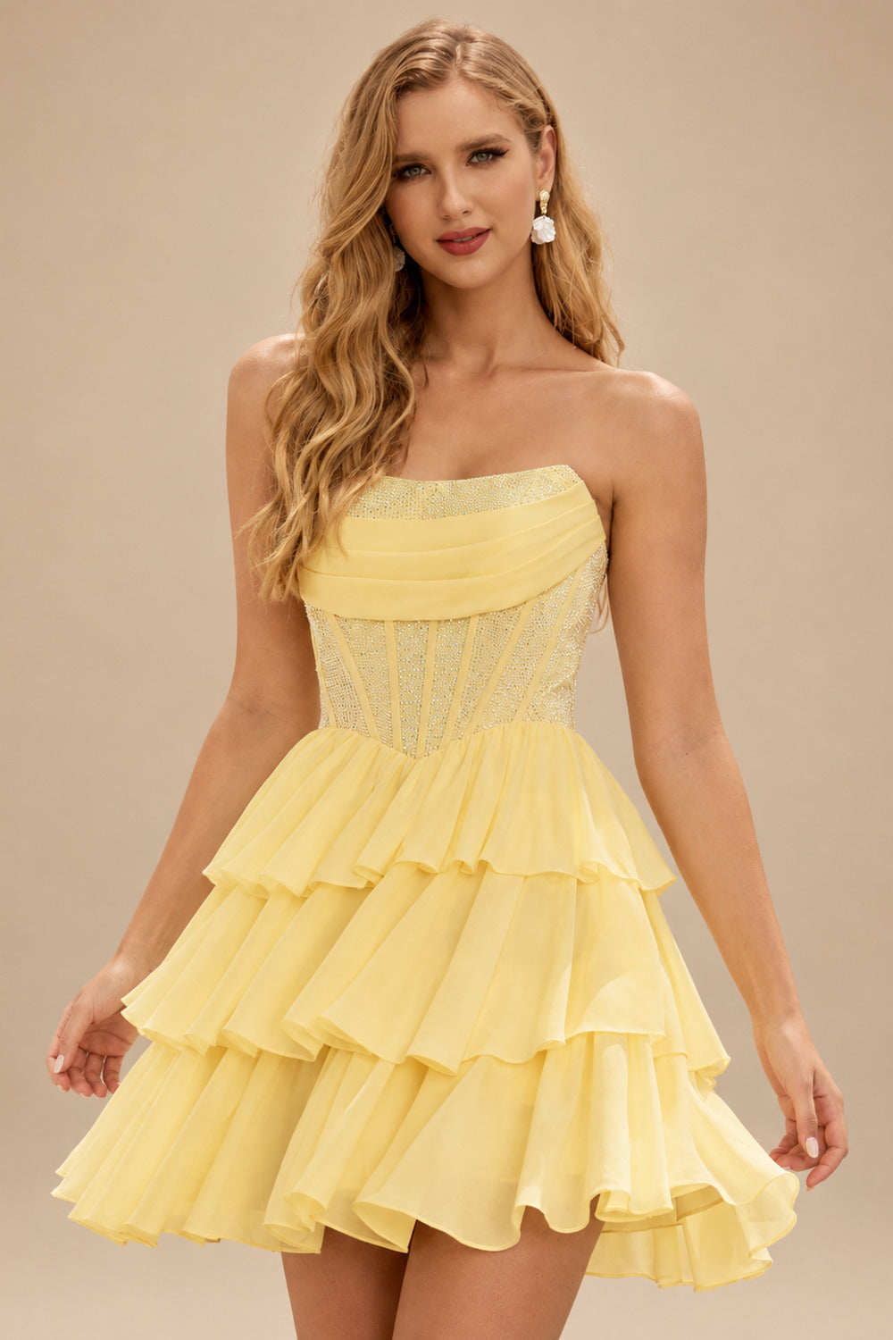 Rutipo Daffodil A-line Strapless Tiered Ruffle Homecoming Dress with Beaded Ruching Corset