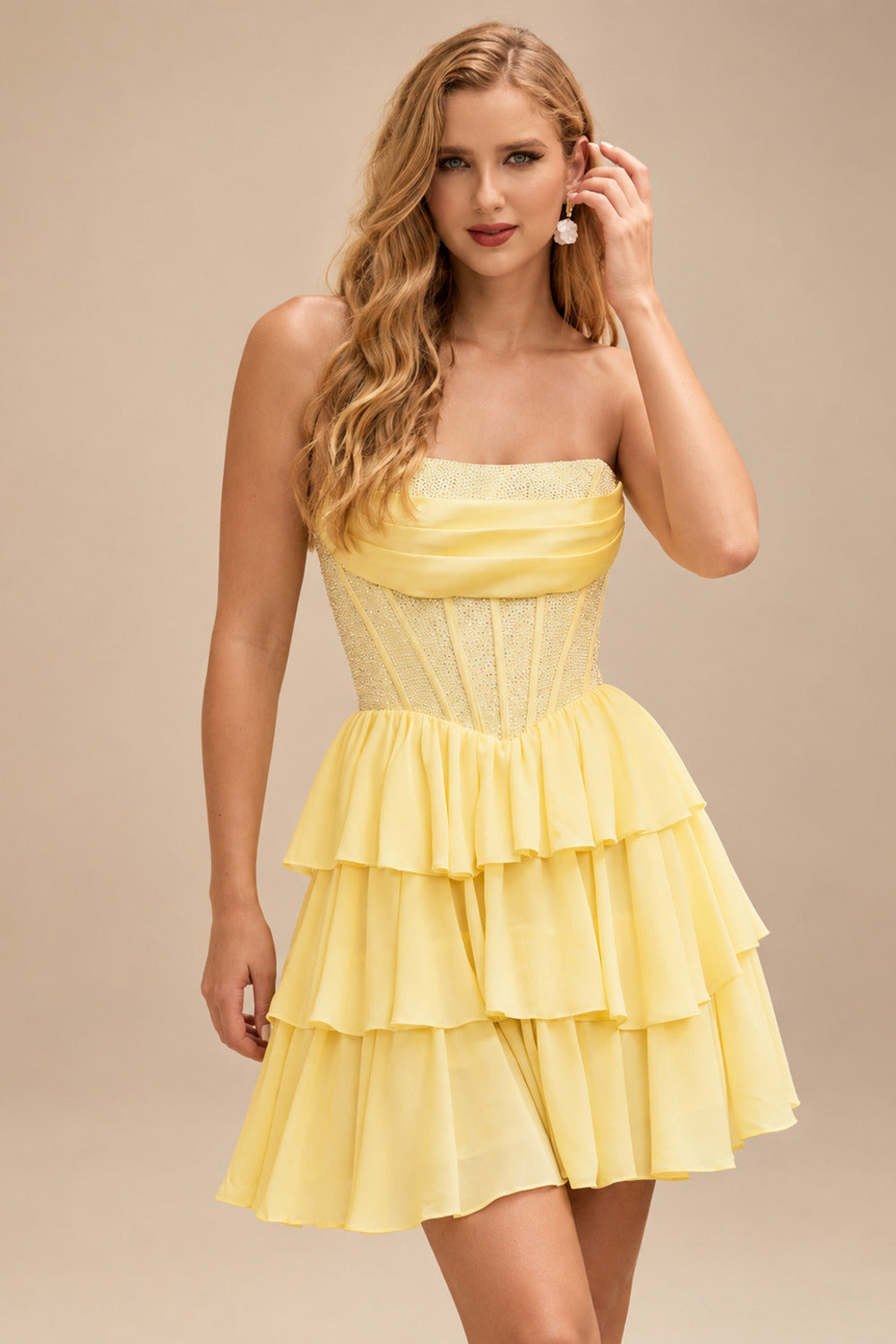 Rutipo Daffodil A-line Strapless Tiered Ruffle Homecoming Dress with Beaded Ruching Corset