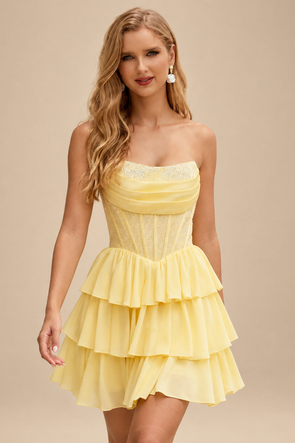 Rutipo Daffodil A-line Strapless Tiered Ruffle Homecoming Dress with Beaded Ruching Corset