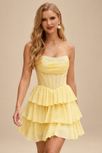 Rutipo Daffodil A-line Strapless Tiered Ruffle Homecoming Dress with Beaded Ruching Corset