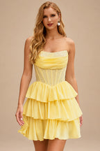Rutipo Daffodil A-line Strapless Tiered Ruffle Homecoming Dress with Beaded Ruching Corset