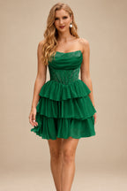 Rutipo Emerald A-line Strapless Tiered Ruffle Homecoming Dress with Beaded Ruching Corset