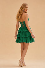 Rutipo Emerald A-line Strapless Tiered Ruffle Homecoming Dress with Beaded Ruching Corset